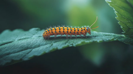 A caterpillar slowly moving across a leaf, its tiny legs gripping the surface as it navigates the natural landscape in its journey to transformation.の素材