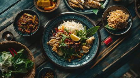 A beautifully arranged meal featuring paired with a refreshing Thai salad, illustrating the balance of flavors and textures in Thai cuisine.の素材