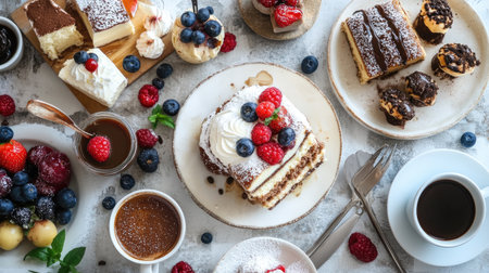 A beautiful flat lay of various Italian desserts, including tiramisu, cannoli, and panna cotta, arranged artfully on a table with coffee and berriesの素材