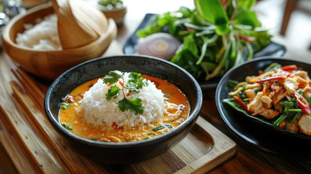 A beautifully arranged meal featuring paired with a refreshing Thai salad, illustrating the balance of flavors and textures in Thai cuisine.の素材