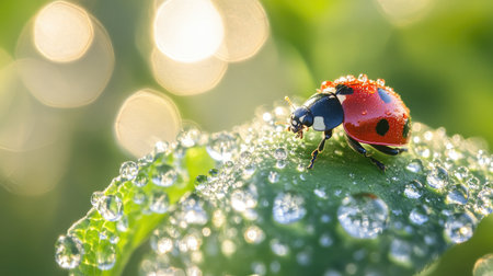 A close-up of a ladybug resting on a dewy green leaf, its red shell contrasting with the vibrant foliage as sunlight filters through the scene.の素材