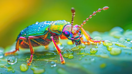 A beetle with iridescent colors sitting on a wet leaf after rain, with droplets reflecting the light, creating a fresh and vibrant nature scene.の素材