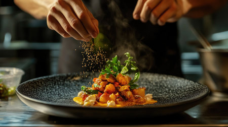A chef presenting a beautifully plated dish that highlights the use of showcasing the artistry and creativity involved in Thai cooking.の素材