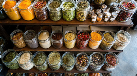 A beautiful overhead view of a traditional Thai spice rack filled with various jars of spices, including dried chilies, showcasing the diversity of flavors used in Thai cooking.の素材