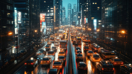 A cityscape shot showing skyscrapers and heavy traffic during peak hours, illustrating the urban landscape's challenges related to transportation and congestion.の素材