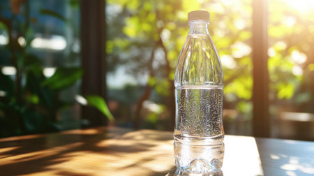 A close-up of a clear water bottle filled with fresh, sparkling water, sitting on a wooden table, with sunlight streaming through a window, creating a refreshing atmosphere.の素材