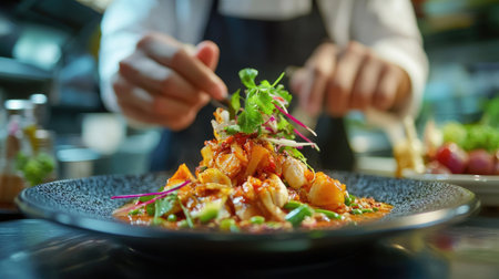 A chef presenting a beautifully plated dish that highlights the use of showcasing the artistry and creativity involved in Thai cooking.の素材