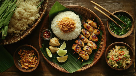 A beautifully styled table setting featuring served alongside sticky rice and grilled chicken, illustrating the perfect balance of flavors in a traditional Thai meal.の素材