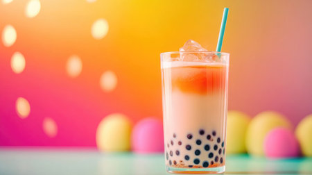 A clear glass of bubble tea set against a bright, colorful background, highlighting the distinct layers of tea, milk, and chewy pearls, creating a visually appealing imageの素材