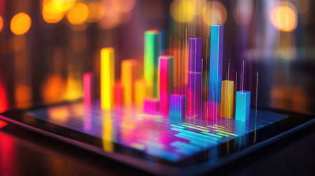 A 3D bar chart in vibrant colors emerging from a tablet screen, symbolizing modern data analytics and interactive technology in business.の素材