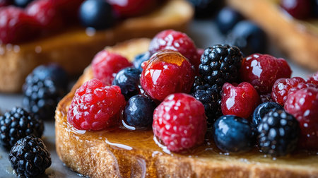 A close-up of crispy, buttery toast drizzled with honey and topped with colorful berries, highlighting the deliciousness of a sweet breakfast treat.の素材