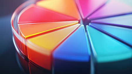 A close-up of a 3D financial pie chart with bright, transparent segments rotating slowly, highlighting the breakdown of corporate earnings.の素材