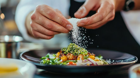 A close-up shot of a chef sprinkling coarse sea salt over a beautifully plated dish, emphasizing the importance of seasoning in enhancing flavor and presentation.の素材