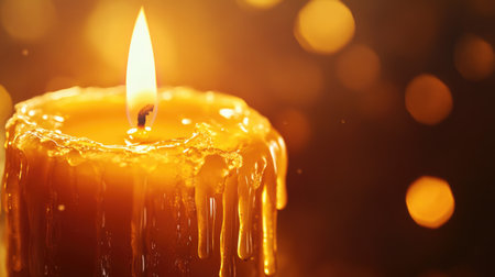 A close-up of a candle dripping wax as it burns, capturing the beauty of its slow transformation and the calming effect of candlelight in a cozy environment.の素材
