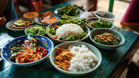 A colorful Thai meal set on a table, featuring rice, various side dishes, and multiple bowls of inviting diners to enjoy a delightful and flavorful experience.の素材