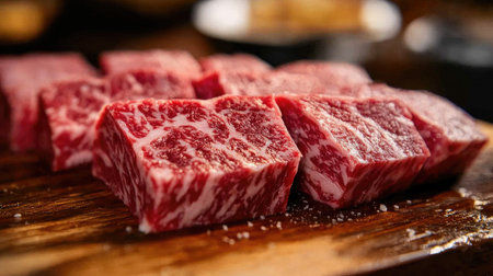A close-up shot of marbled beef cuts on a wooden cutting board, highlighting the quality and texture of the meat, perfect for steak enthusiasts and chefs.の素材