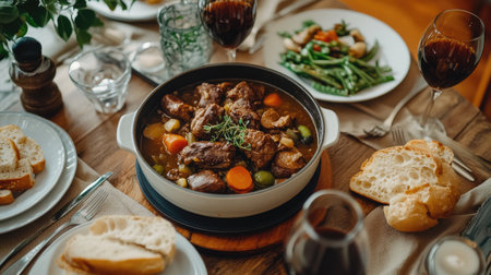A cozy family dinner table set with a hearty meat-based stew, accompanied by bread and vegetables, inviting warmth and togetherness around the meal.の素材