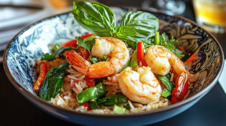A colorful bowl of basil fried rice with assorted vegetables and succulent shrimp, beautifully plated, highlighting the freshness and variety of ingredients in Thai cooking.の素材