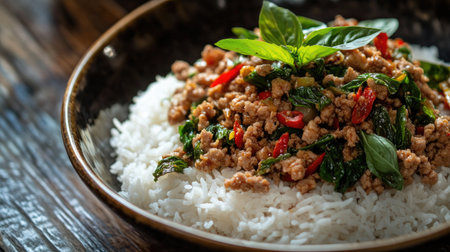 A close-up shot of sizzling stir-fried ground pork with Thai basil and chili, served over fragrant jasmine rice, showcasing the bold flavors of traditional Thai cuisine.の素材