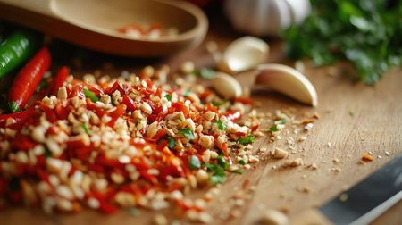 A close-up shot of finely chopped chili peppers and garlic on a cutting board, illustrating the preparation of flavorful Thai dishes, with a knife and a wooden spoon beside them.の素材