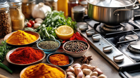 A colorful array of spices and fresh ingredients laid out on a kitchen counter, with a pot on the stove, highlighting the essential elements of flavorful cookingの素材