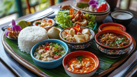 A colorful Thai meal set on a table, featuring rice, various side dishes, and multiple bowls of inviting diners to enjoy a delightful and flavorful experience.の素材