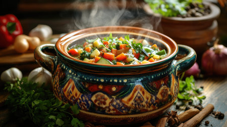 A colorful ceramic cooking pot filled with a steaming vegetable stew, surrounded by fresh ingredients like herbs and spices, showcasing a cozy home-cooking atmosphere.の素材