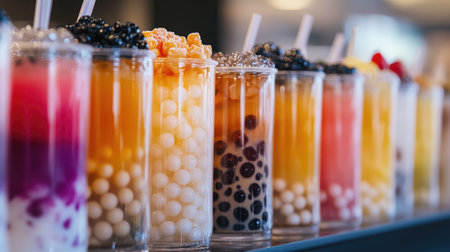 A collection of different bubble tea flavors displayed in clear cups, showcasing the variety of pearls and toppings available, appealing to enthusiasts and newcomers alike.の素材