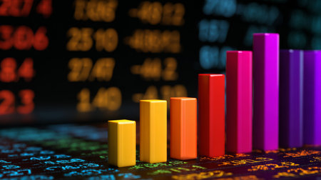 Vibrant bar chart showcases business growth against a dark backdrop filled with glowing financial data, emphasizing analysis, performance, and strategic planning.の素材
