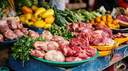 A colorful market stall displaying fresh cuts of meat, including pork, beef, and chicken, surrounded by fresh vegetables and herbs, emphasizing local food culture.の素材