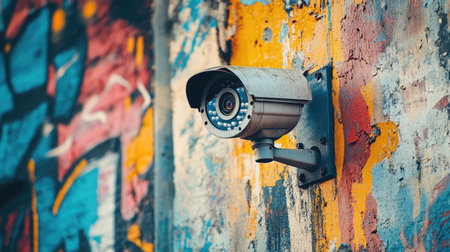 A creative image of a CCTV camera surrounded by colorful graffiti art on a city wall, illustrating the contrast between security technology and urban creativity.の素材