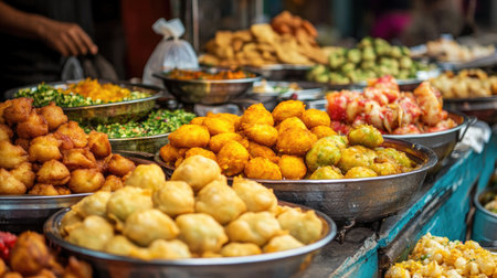 A colorful array of Indian street food, including samosas, pani puri, and chaat, served on a bustling market stall, illustrating the lively atmosphere of Indian street cuisineの素材