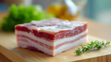 This image features freshly cut bacon on a wooden board, accompanied by green lettuce and thyme, ideal for culinary presentations and delicious recipes.の素材