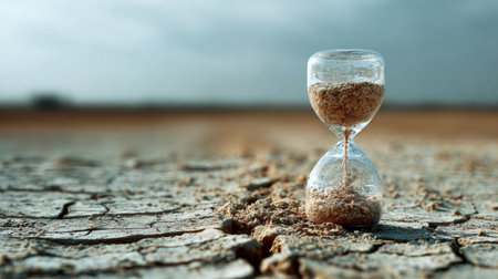 An hourglass filled with sand rests on cracked, dry earth. This image captures the essence of time passing in a drought-affected landscape, evoking feelings of urgency and reflection.の素材