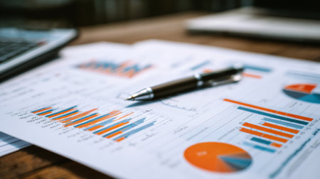 A detailed financial report with colorful graphs and charts lies on a wooden desk. A pen and laptop are visible, emphasizing professional analysis and insights.の素材
