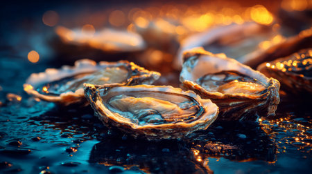 This close-up image showcases beautifully opened oysters atop a dark, textured surface. Droplets of water reflect warm light, enhancing the seafood's natural allure.の素材