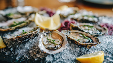 Experience the exquisite presentation of freshly shucked oysters served on ice, garnished with lemon slices, perfect for gourmet dining and seafood lovers.の素材