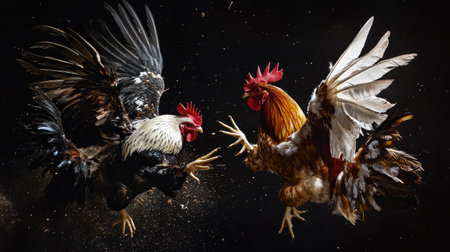 A dynamic shot of two roosters in mid-fight, wings spread and talons outstretched, capturing the intensity and movement of a traditional cockfight.の素材
