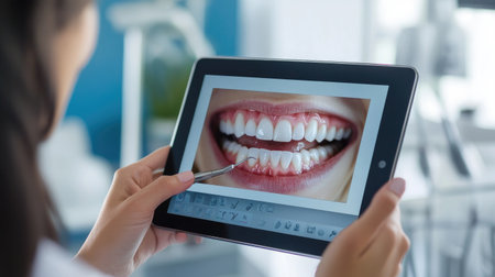 A dentist showing before-and-after photos of dental treatments on a tablet, educating patients about options for improving their smiles in a friendly manner.の素材