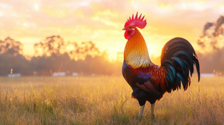 A fighting rooster standing in a rural field at sunrise, its vibrant plumage illuminated by the early morning light, representing tradition and natural beauty.の素材