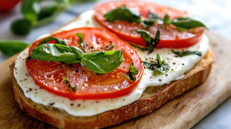 A delicious open-faced sandwich topped with sliced tomatoes, fresh basil, and mozzarella, highlighting the simplicity and flavor of classic Mediterranean ingredients.の素材