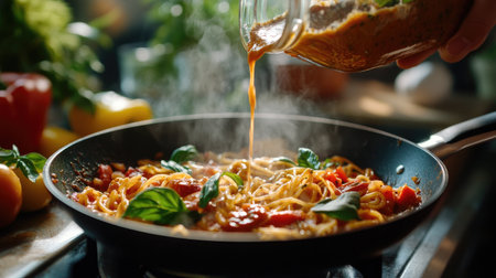 A dynamic shot of a person pouring a rich sauce over freshly cooked pasta in a skillet, showcasing the final touch in a delicious homemade Italian meal.の素材