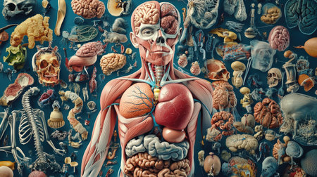 A detailed anatomical illustration of the human body highlighting major organs and systems, showcasing the complexity and beauty of human anatomy for educational purposes.の素材