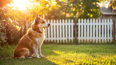 A family pet sitting beside a white picket fence, with a lush green lawn in the background, representing home, comfort, and companionship.の素材