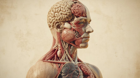 A detailed anatomical illustration of the human body highlighting major organs and systems, showcasing the complexity and beauty of human anatomy for educational purposes.の素材