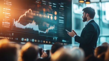 A dynamic scene of a financial seminar, with a speaker presenting a gold price graph to an engaged audience, highlighting the importance of education in investing.の素材