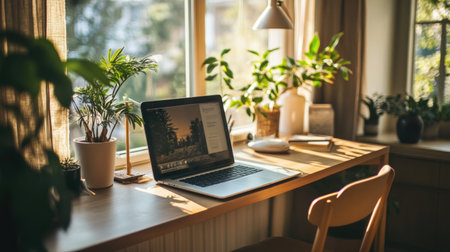 An elegant home office setup with a minimalistic desk, ergonomic chair, and decorative items, showcasing a cozy yet productive atmosphere.の素材