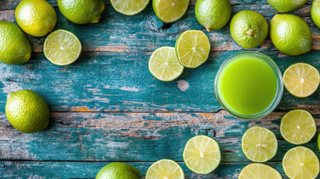 An artistic flat lay of sliced limes, a glass of lime juice, and a rustic wooden background, showcasing the vibrant colors and textures of the fruit.の素材