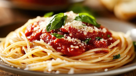 A beautifully plated dish of spaghetti topped with a rich marinara sauce, garnished with fresh basil and grated Parmesan cheese, showcasing the classic Italian comfort food.の素材