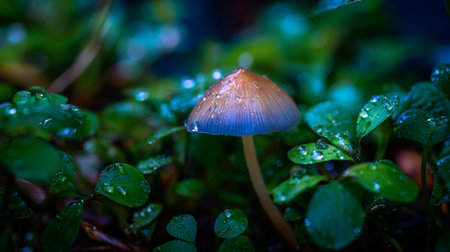 A stunning close-up image of a single mushroom cap rising above lush green leaves, adorned with glistening water droplets, capturing the essence of nature's beauty.の素材